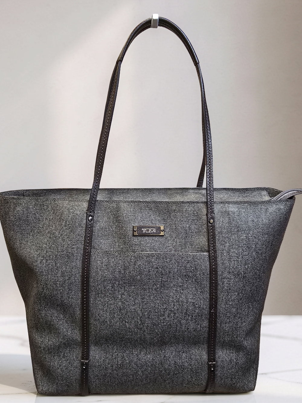 Tumi Villa Q-Tote Bag Grey Coated Canvas Leather Trim EUC